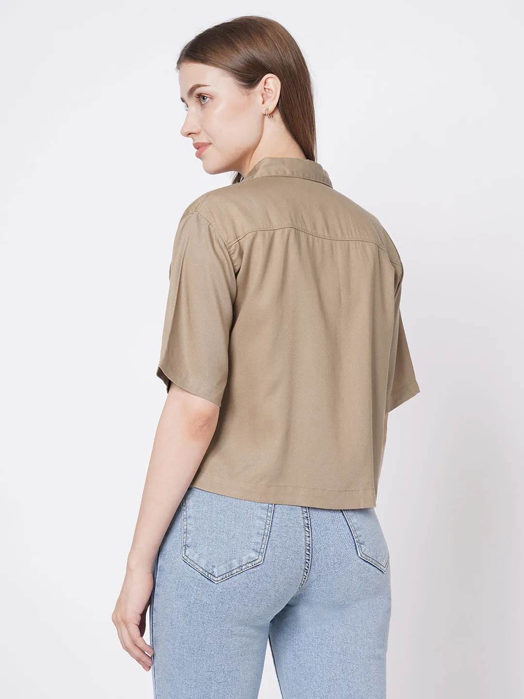 Women Slim Fit Dusty Rose Crop Shirt