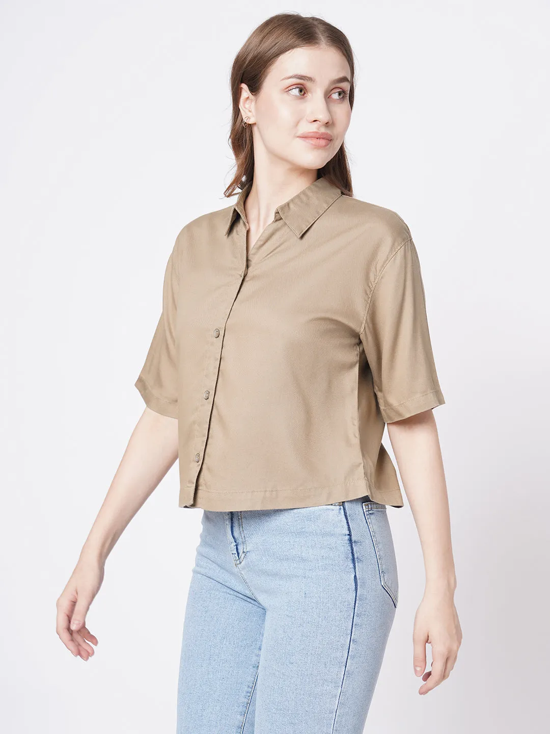 Women Slim Fit Dusty Rose Crop Shirt