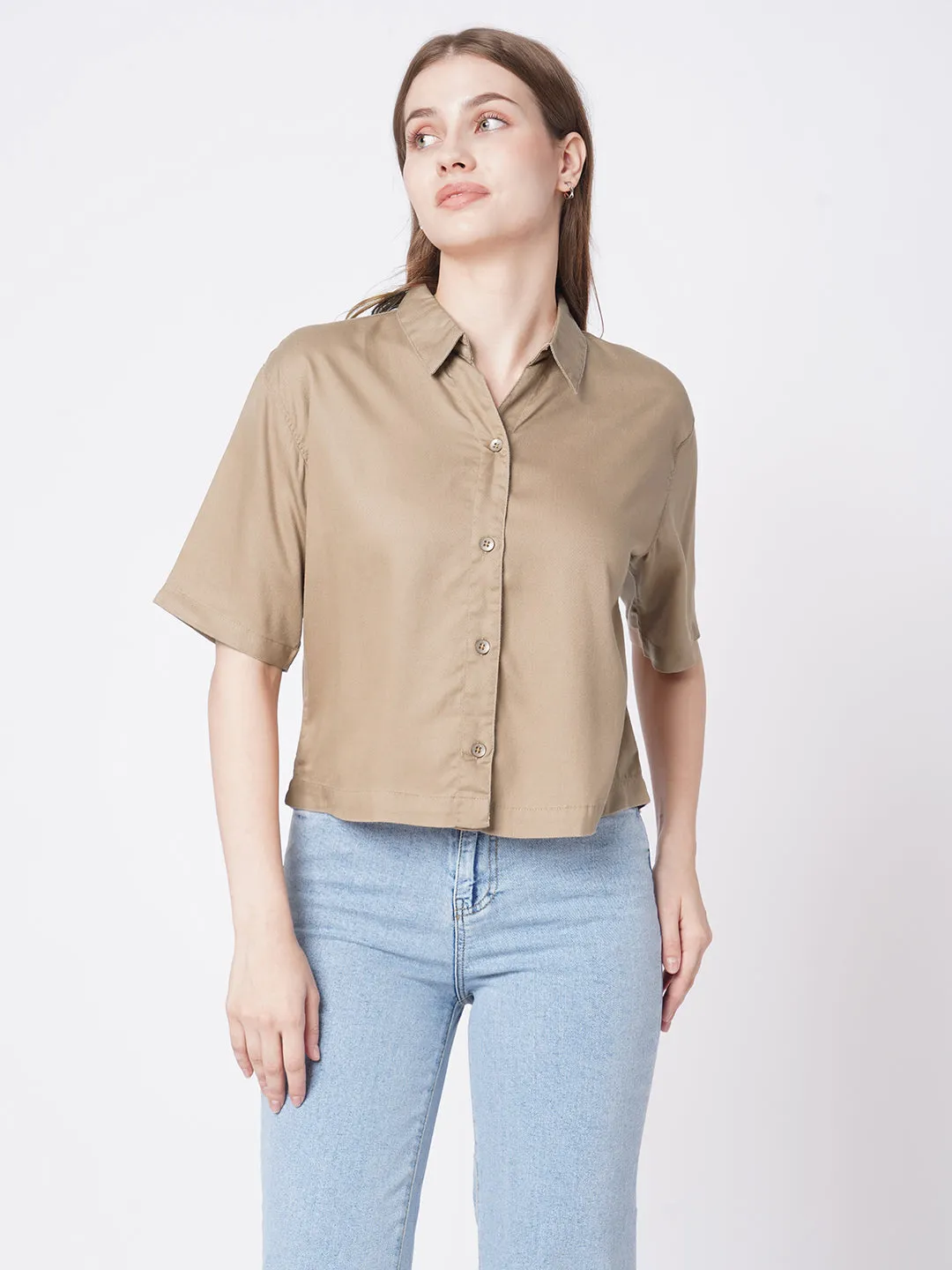Women Slim Fit Dusty Rose Crop Shirt