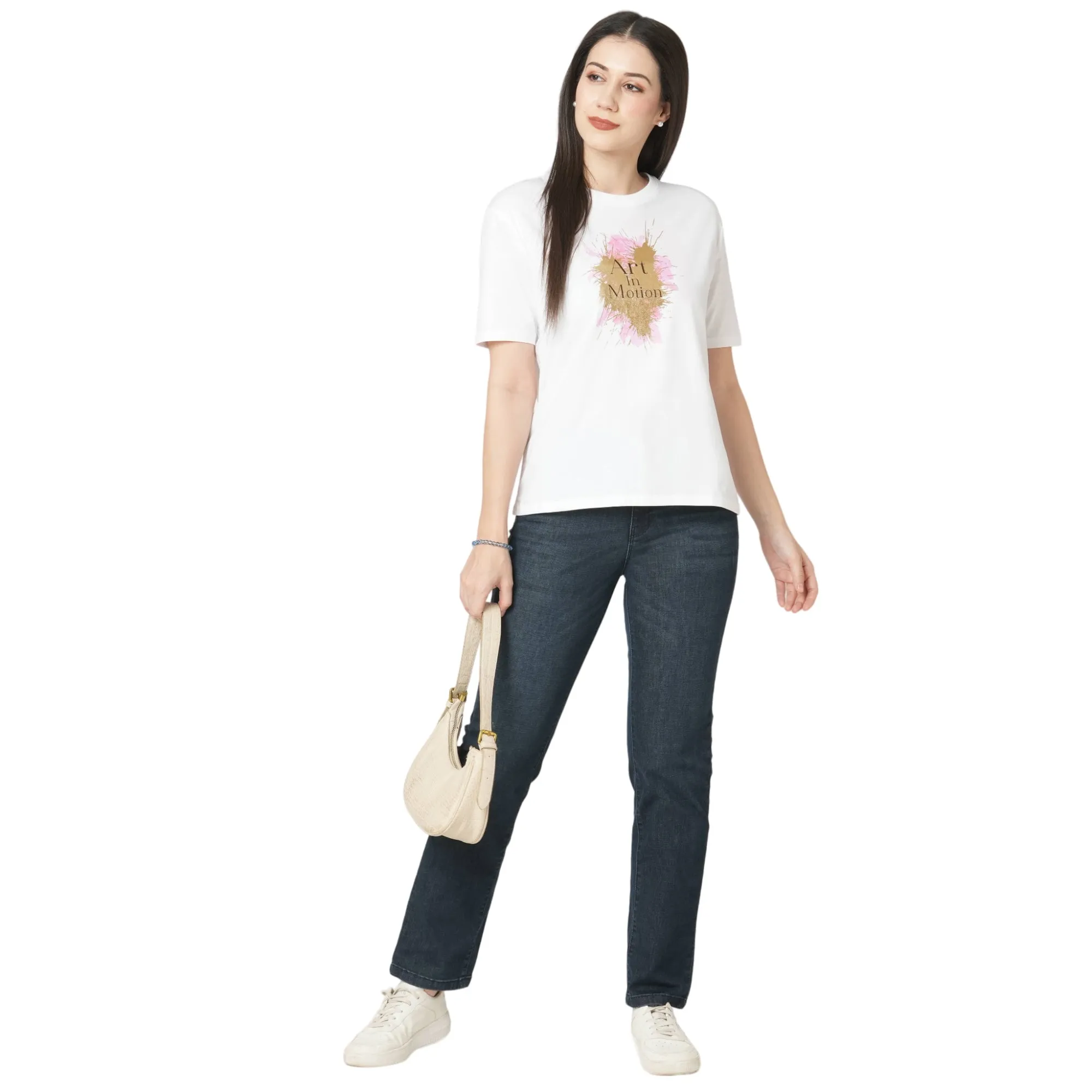Women Slim Fit White Boxy Chest Print T-Shirt