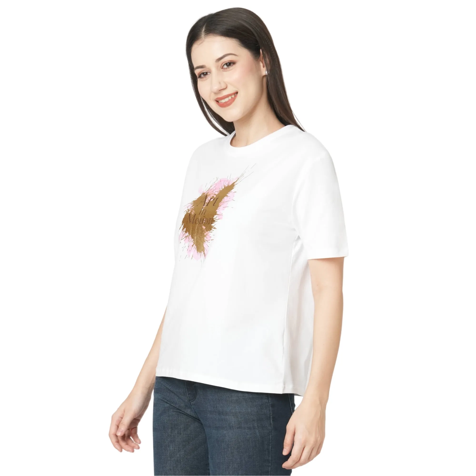 Women Slim Fit White Boxy Chest Print T-Shirt