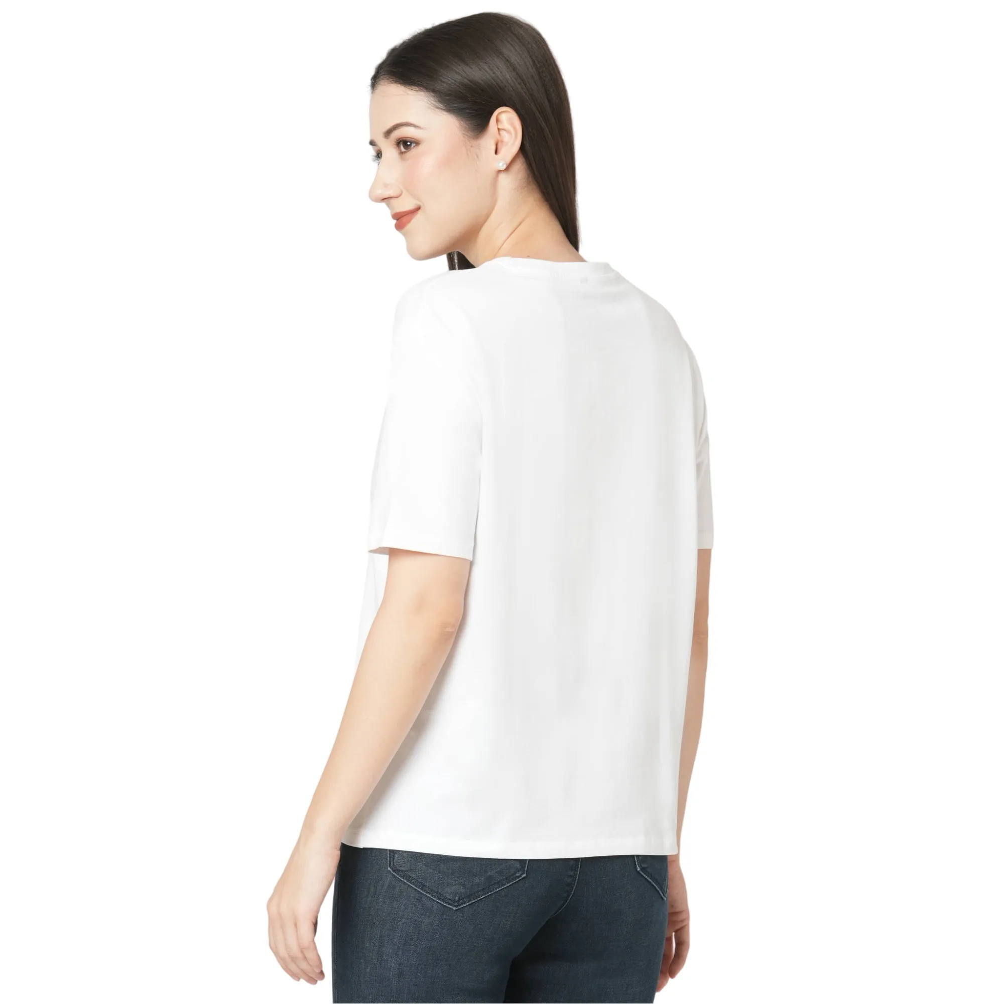 Women Slim Fit White Boxy Chest Print T-Shirt