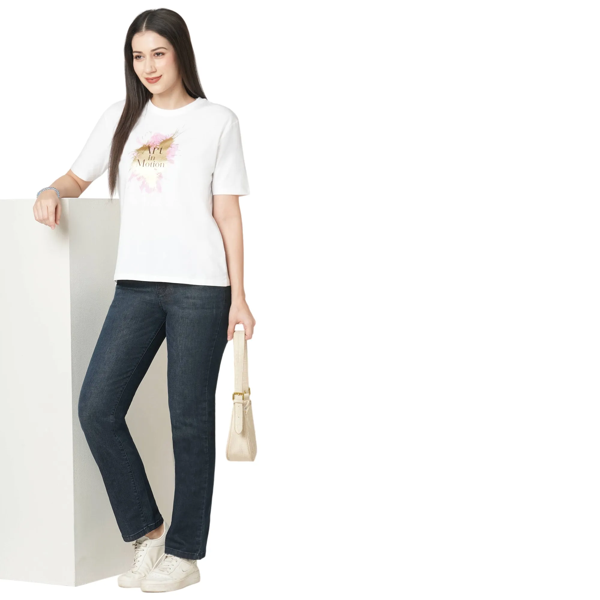 Women Slim Fit White Boxy Chest Print T-Shirt