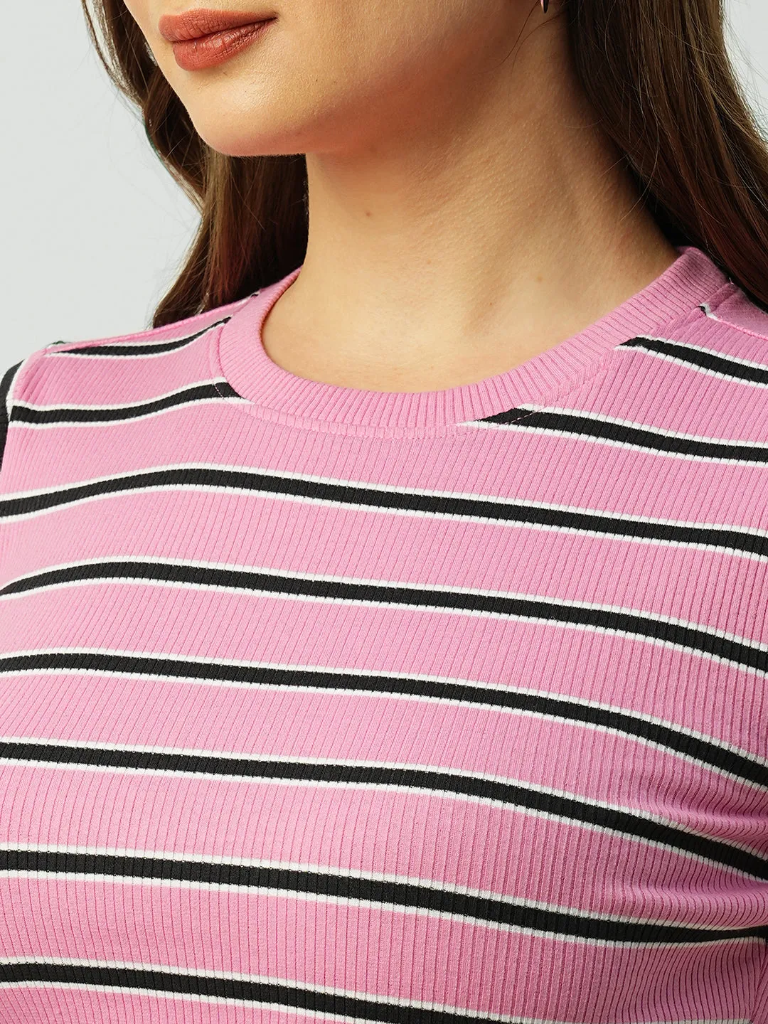 Women Striped Slim Fit Side Tie-Up Crop T-Shirt