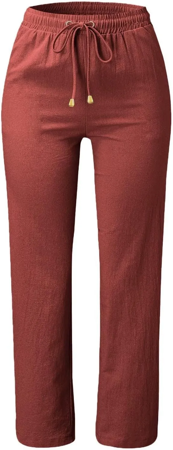 Women's Cotton Linen Pants Palazzo Summer Wide Leg 2024 Casual Loose Drawstring High Waist Beach Pants Trousers