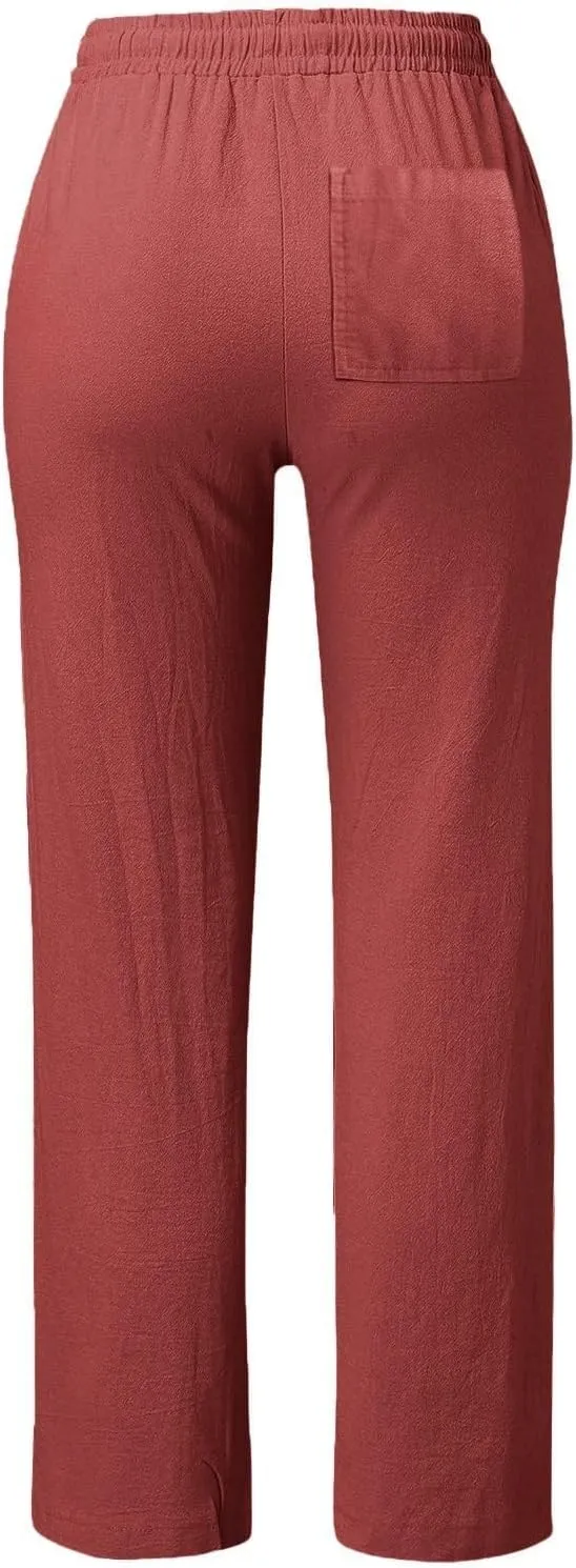 Women's Cotton Linen Pants Palazzo Summer Wide Leg 2024 Casual Loose Drawstring High Waist Beach Pants Trousers