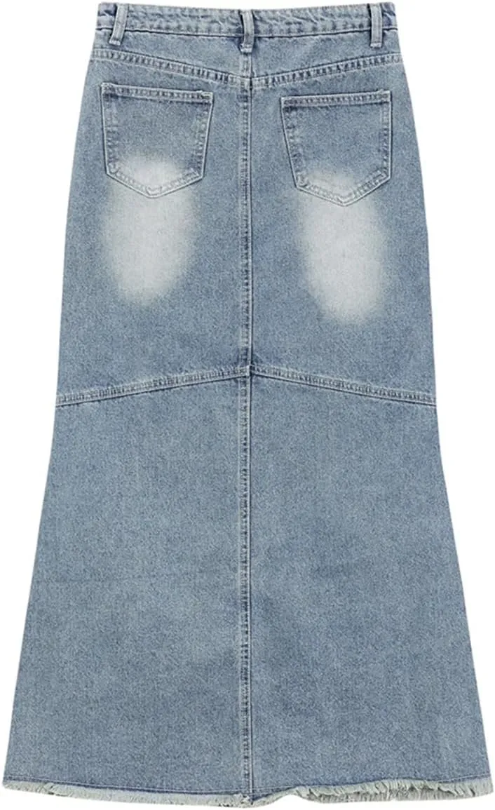 Women's High Waisted Splicing Maxi Jeans Skirt 4-Pocket Retro Distressed Fringed Denim Long Skirts