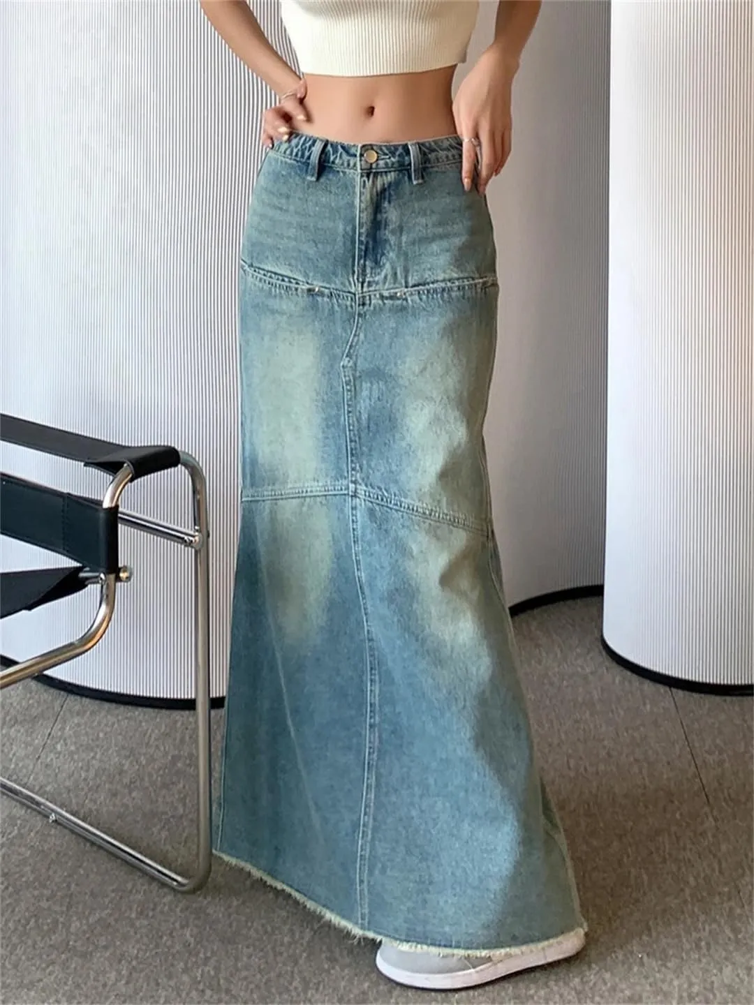 Women's High Waisted Splicing Maxi Jeans Skirt 4-Pocket Retro Distressed Fringed Denim Long Skirts