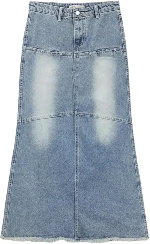 Women's High Waisted Splicing Maxi Jeans Skirt 4-Pocket Retro Distressed Fringed Denim Long Skirts