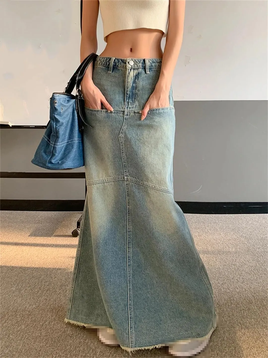 Women's High Waisted Splicing Maxi Jeans Skirt 4-Pocket Retro Distressed Fringed Denim Long Skirts