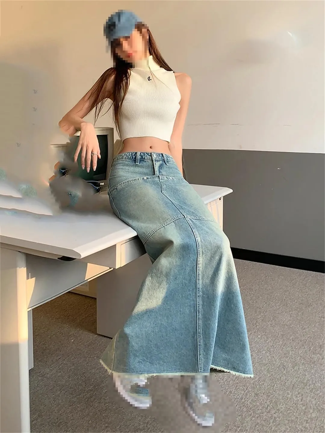 Women's High Waisted Splicing Maxi Jeans Skirt 4-Pocket Retro Distressed Fringed Denim Long Skirts