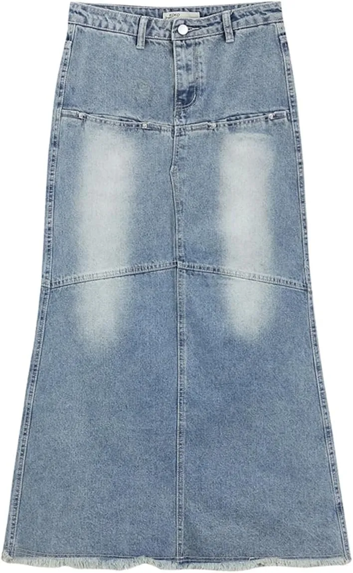 Women's High Waisted Splicing Maxi Jeans Skirt 4-Pocket Retro Distressed Fringed Denim Long Skirts
