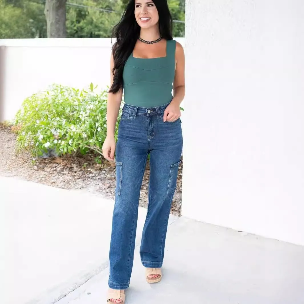 Womens Jeans with Pockets High Waist Wide Leg Design Denim Trousers Straight Leg Pants Workwear Jeans for Women and