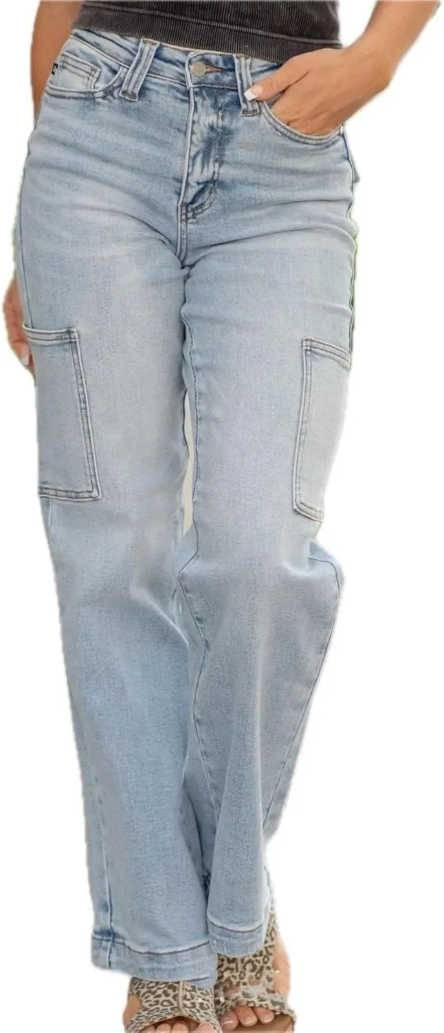 Womens Jeans with Pockets High Waist Wide Leg Design Denim Trousers Straight Leg Pants Workwear Jeans for Women and