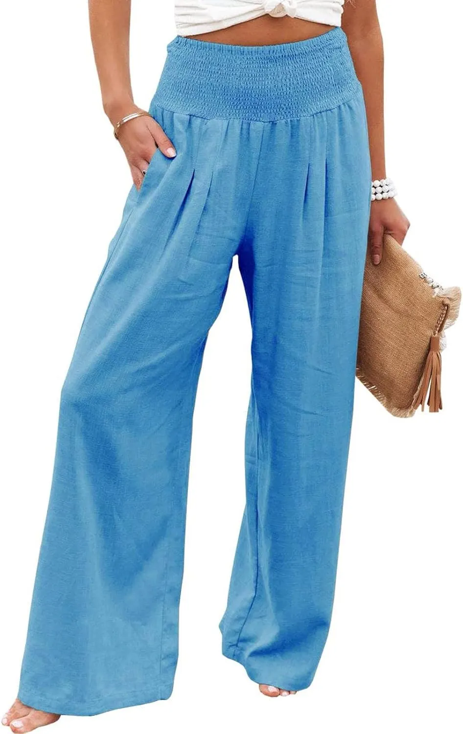 Women's Linen Summer Striped Pants Elastic Waisted Long Lounge Loose Fit Palazzo Lounge Pants Vacation