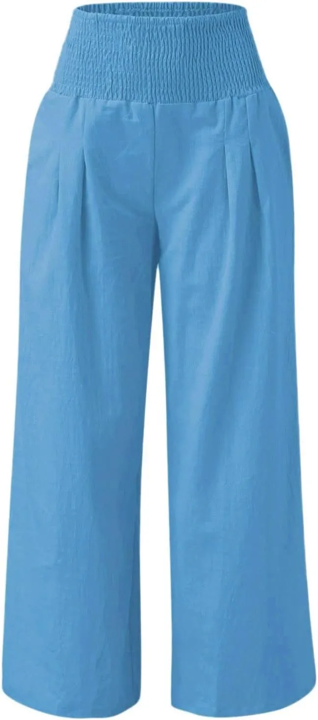 Women's Linen Summer Striped Pants Elastic Waisted Long Lounge Loose Fit Palazzo Lounge Pants Vacation