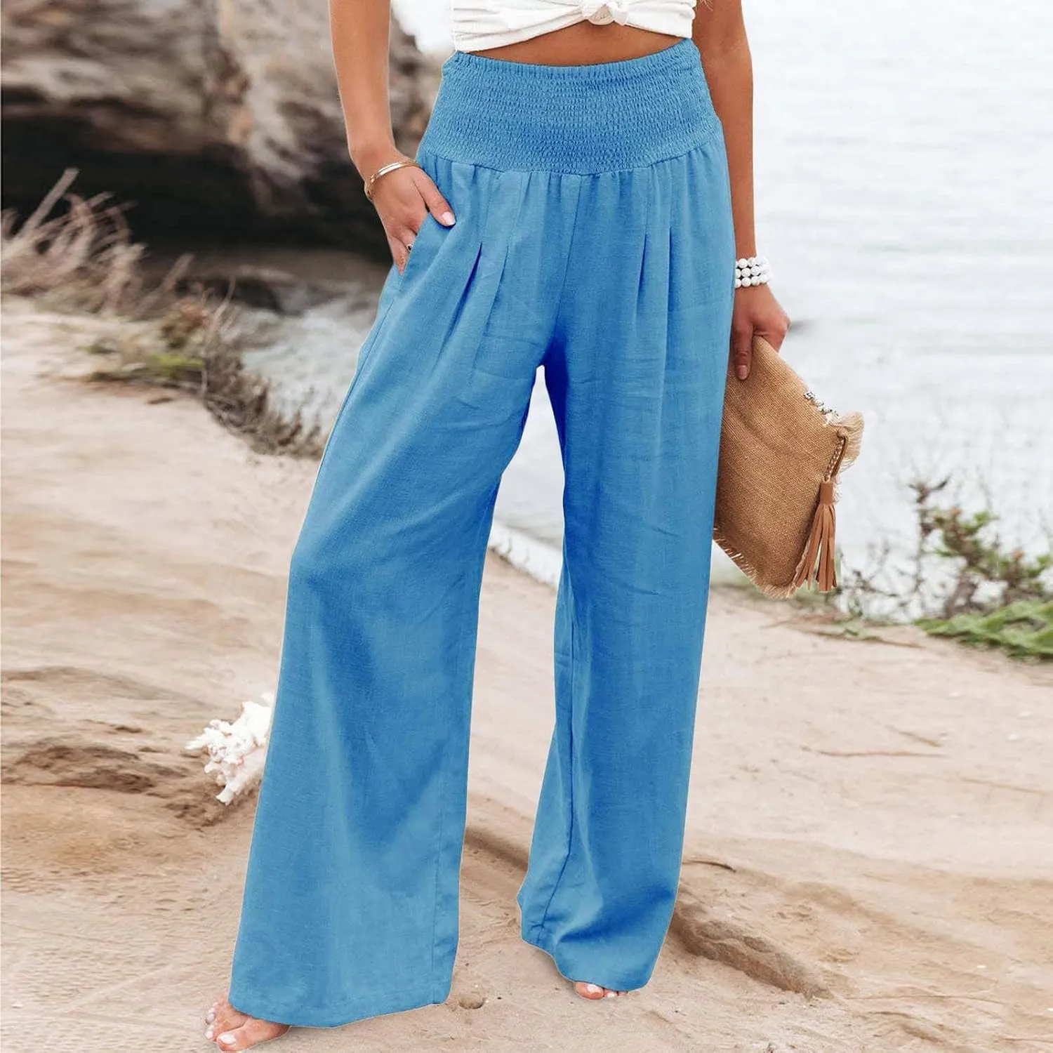 Women's Linen Summer Striped Pants Elastic Waisted Long Lounge Loose Fit Palazzo Lounge Pants Vacation
