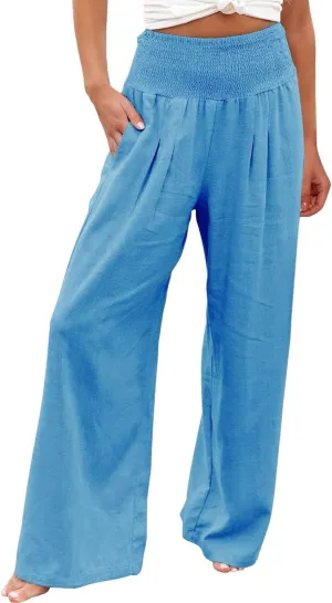 Women's Linen Summer Striped Pants Elastic Waisted Long Lounge Loose Fit Palazzo Lounge Pants Vacation