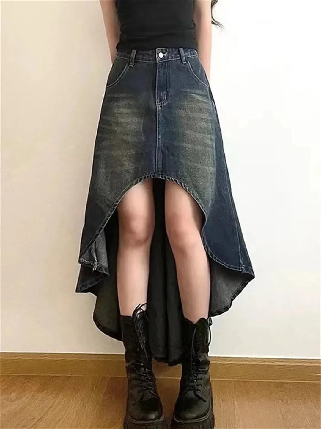 Women's Retro Distressed Asymmetrical Skirt with Pockets High Waisted Washed Jeans Denim Skirt