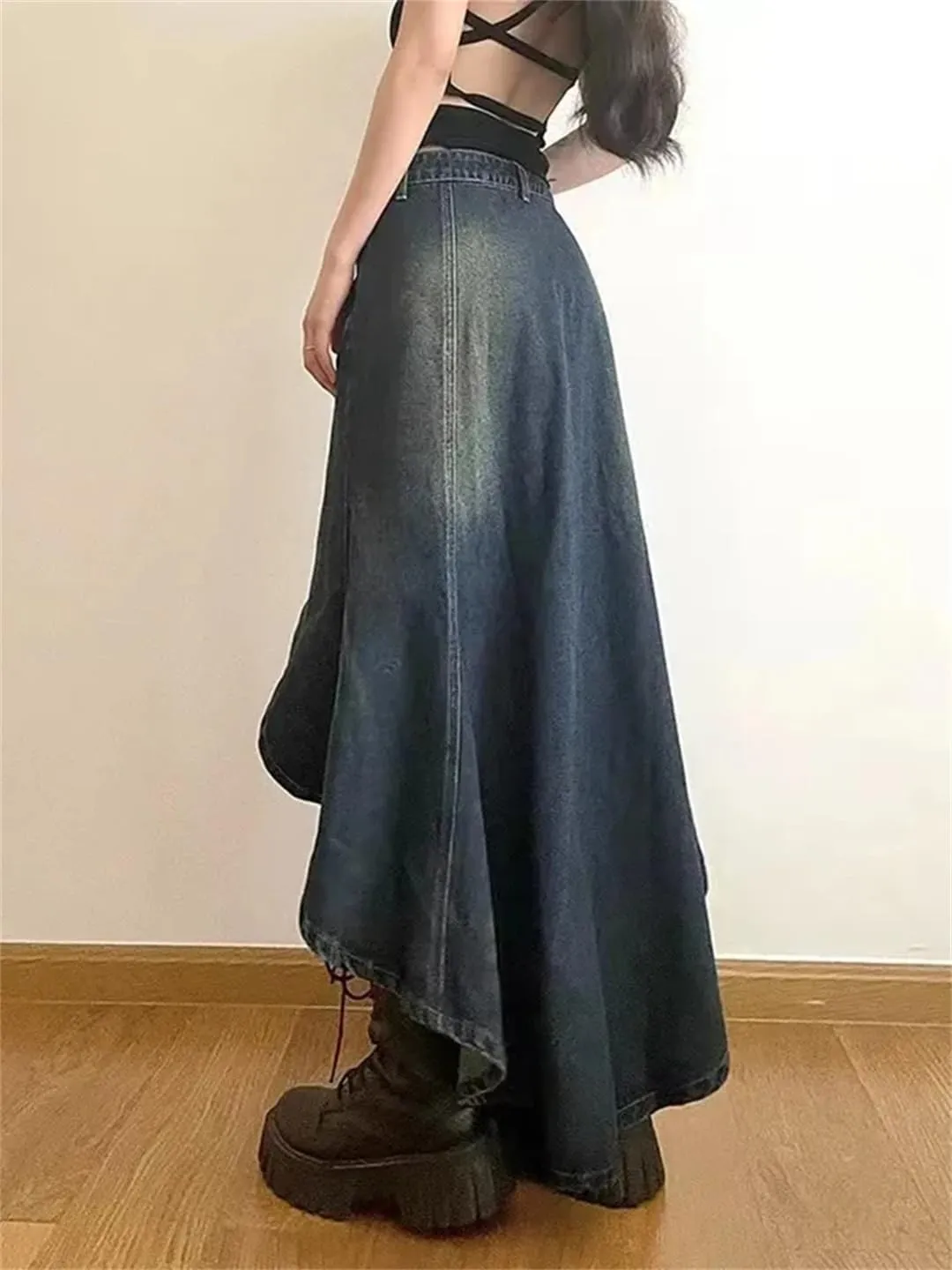 Women's Retro Distressed Asymmetrical Skirt with Pockets High Waisted Washed Jeans Denim Skirt