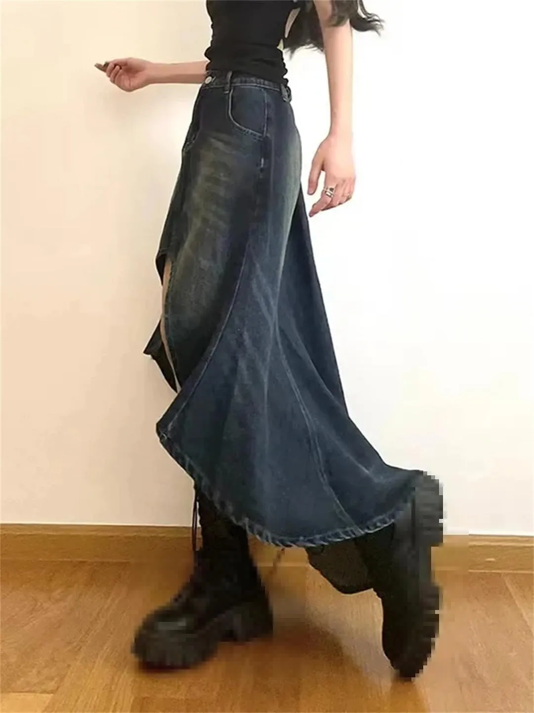 Women's Retro Distressed Asymmetrical Skirt with Pockets High Waisted Washed Jeans Denim Skirt