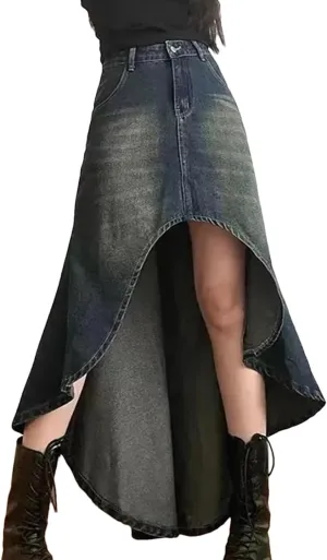 Women's Retro Distressed Asymmetrical Skirt with Pockets High Waisted Washed Jeans Denim Skirt