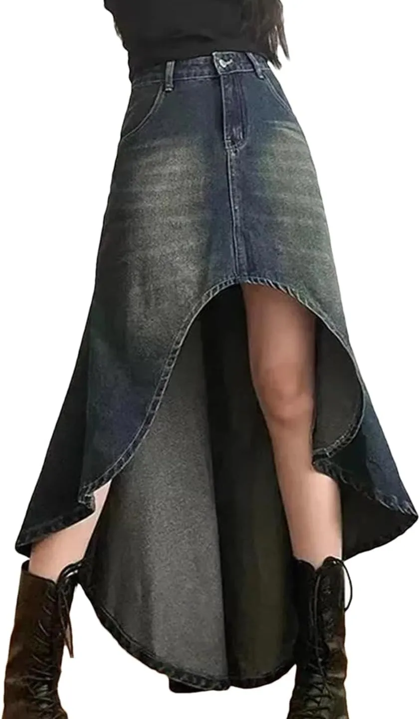 Women's Retro Distressed Asymmetrical Skirt with Pockets High Waisted Washed Jeans Denim Skirt