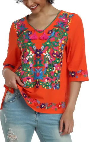 YZXDORWJ Women's Summer Embroidered Mexican Shirts Short Sleeve Casual Tops Blouse