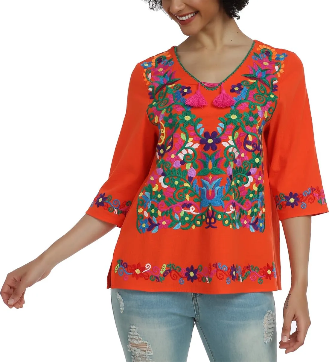 YZXDORWJ Women's Summer Embroidered Mexican Shirts Short Sleeve Casual Tops Blouse