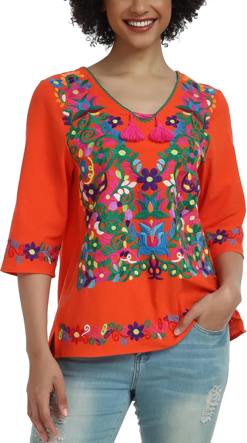 YZXDORWJ Women's Summer Embroidered Mexican Shirts Short Sleeve Casual Tops Blouse