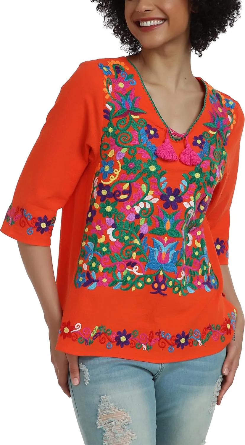 YZXDORWJ Women's Summer Embroidered Mexican Shirts Short Sleeve Casual Tops Blouse
