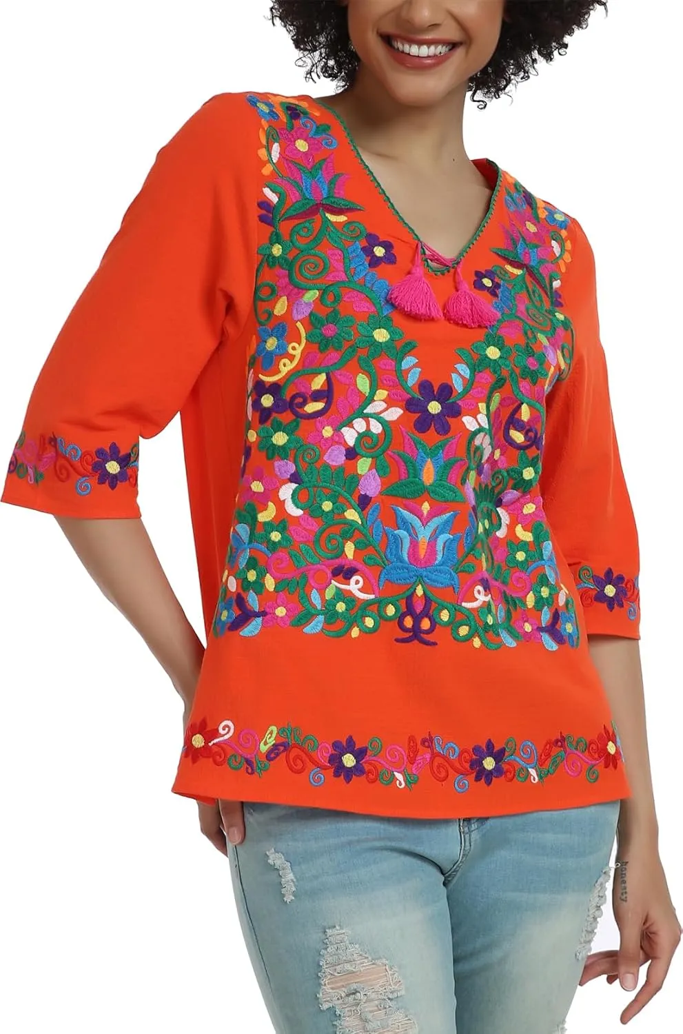YZXDORWJ Women's Summer Embroidered Mexican Shirts Short Sleeve Casual Tops Blouse