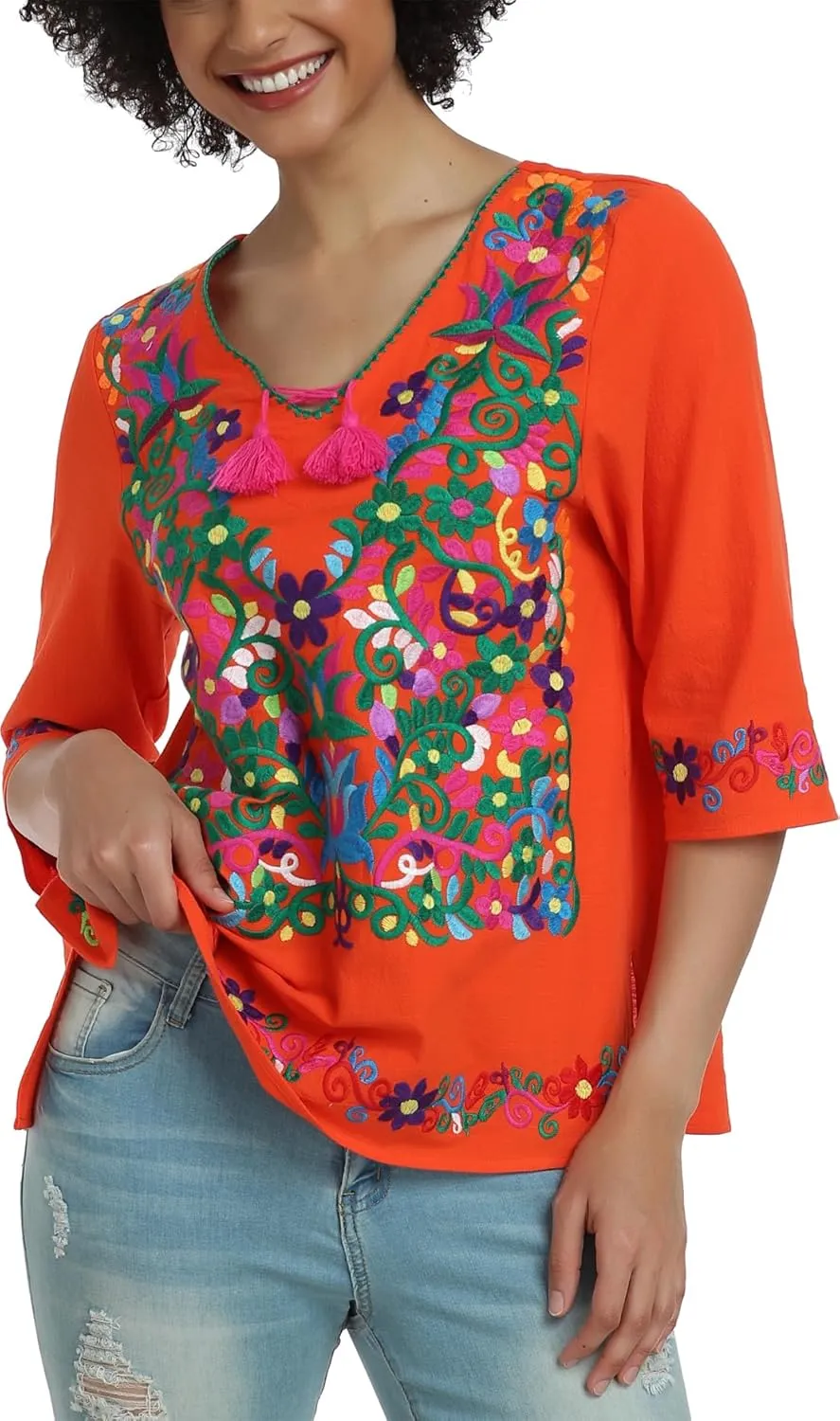 YZXDORWJ Women's Summer Embroidered Mexican Shirts Short Sleeve Casual Tops Blouse