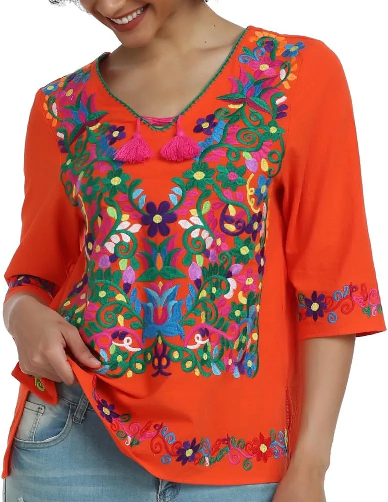 YZXDORWJ Women's Summer Embroidered Mexican Shirts Short Sleeve Casual Tops Blouse
