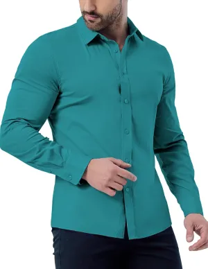 ZAFUL Men's Fitted Dress Shirts No Wrinkle Stretch Long Sleeve Button Up Cotton Shirt Teal Blue 3X-Large